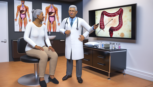Un médico hispano de mediana edad, con bata blanca y estetoscopio, explica a una paciente hispana de unos 50 años el procedimiento de colonoscopia, señalando un diagrama anatómico del sistema digestivo en una pantalla digital. La paciente, vestida de manera casual, escucha con atención y muestra una expresión de ligera preocupación. En una mesa cercana, hay herramientas médicas, incluyendo un colonoscopio y viales etiquetados que representan biomarcadores. La imagen destaca la importancia del diagnóstico y la estadificación del cáncer colorrectal.