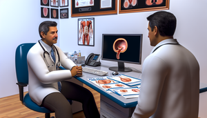 Un médico hispano de mediana edad, con bata blanca y estetoscopio, explica procedimientos de diagnóstico de cáncer de próstata a un paciente en una consulta médica. En el escritorio hay folletos en español sobre la prueba de PSA, el tacto rectal y la biopsia prostática. En la pantalla de la computadora se muestra una ilustración 3D de la glándula prostática. El ambiente es profesional y transmite confianza y comprensión.