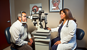 Un paciente hispano de mediana edad está sentado frente a una lámpara de hendidura en la consulta de un oftalmólogo. La doctora, una mujer hispana en sus 40s, examina atentamente los ojos del paciente. La imagen destaca el proceso de examen biomicroscópico para el diagnóstico de cataratas, en un ambiente profesional y de confianza.
