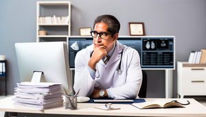 Médico hispano de mediana edad con bata blanca y gafas, sentado en un escritorio en una oficina médica moderna, observando atentamente una pantalla de computadora con escalas clínicas y herramientas de diagnóstico para la depresión. En el escritorio hay libros médicos abiertos, un estetoscopio y un bloc de notas con apuntes. Al fondo, una estantería con literatura médica y un diploma enmarcado. La imagen transmite un ambiente profesional y enfocado en el diagnóstico de la depresión.