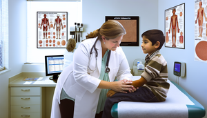 Una pediatra hispana en un consultorio médico moderno examina suavemente el brazo de un niño hispano de 5 años, mostrando signos leves de dermatitis atópica. El niño está tranquilo y observa a la doctora. En el fondo, se ven carteles médicos y una computadora con un gráfico de pruebas alérgicas. La imagen resalta el cuidado y profesionalismo en el diagnóstico de la dermatitis atópica.