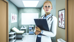 Primer plano de una sala de examen médico. En el centro, una paciente hispana de unos 30 años está sentada en una camilla, con parches adhesivos numerados en el antebrazo, representando una prueba del parche para diagnosticar dermatitis por contacto. Al fondo, un médico hispano de unos 40 años revisa los resultados en un portapapeles. La imagen destaca el proceso diagnóstico en un entorno clínico.