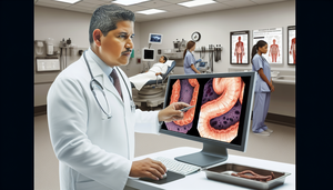 Doctor hispano de 40 años revisando imágenes endoscópicas en una pantalla de computadora, mostrando inflamación intestinal típica de la enfermedad de Crohn y colitis ulcerosa, mientras una enfermera prepara muestras de biopsia en un hospital moderno.
