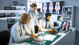 Un grupo diverso de médicos en un laboratorio moderno, examinando resultados serológicos y criterios clasificatorios para enfermedades autoinmunes como el Lupus y el Síndrome de Sjögren. La imagen muestra a una doctora hispana, un doctor asiático y una doctora afroamericana colaborando alrededor de una mesa con equipo médico y un portátil con datos. El ambiente es profesional, destacando la importancia del diagnóstico preciso en enfermedades autoinmunes.