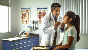 Un médico hispano de unos 40 años examina la garganta de una adolescente hispana en una sala de examen médico. Utiliza un depresor lingual y una linterna para observar la boca de la paciente. En el fondo, hay carteles médicos sobre la anatomía de la garganta y un estante con suministros médicos, incluyendo una caja de 