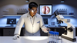 Científico hispano en laboratorio examinando un cultivo de Neisseria gonorrhoeae en una placa de Petri, rodeado de equipo de laboratorio. En el fondo, una pantalla muestra un diagrama de síntomas urogenitales asociados con la gonorrea.