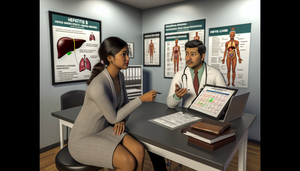 Consulta médica en la que un doctor hispano de unos 40 años explica resultados de serología de hepatitis B a una paciente hispana de unos 30 años. El doctor señala un gráfico con marcadores serológicos de hepatitis B, mientras la paciente escucha atenta. En la mesa hay documentos médicos, un modelo de hígado y una computadora con un gráfico digital. La sala está decorada con carteles médicos sobre salud hepática.