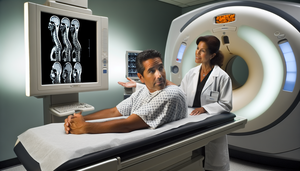 Paciente hispano de mediana edad en una sala de radiología moderna, recostado en una camilla y usando una bata de hospital. Una radióloga hispana le muestra una imagen de resonancia magnética en la pantalla, destacando una hernia discal lumbar. El ambiente es profesional, subrayando la importancia del diagnóstico preciso de la hernia discal y la compresión nerviosa.