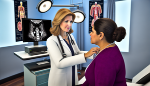 Doctora hispana en sus 40s examinando la glándula tiroides de una paciente hispana en sus 30s en una clínica moderna. En el fondo, una pantalla de computadora muestra una gammagrafía tiroidea con áreas de alta captación, sugiriendo hipertiroidismo. La imagen refleja un entorno profesional y de cuidado.