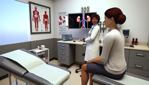Consulta médica en una clínica moderna: doctora hispana de unos 40 años explica a paciente hispana de 30 años sobre diagnóstico de infección urinaria. En la pantalla, ilustración del sistema urinario destacando riñones, uréteres, vejiga y uretra. Ambiente profesional y calmado, subrayando la importancia de la comunicación médico-paciente.