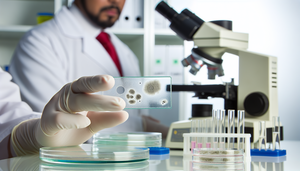 Primer plano de un laboratorio donde se realiza un diagnóstico de infecciones por hongos. Unas manos con guantes sostienen un portaobjetos preparado para un examen con KOH bajo un microscopio. Al fondo, un técnico de laboratorio observa atentamente. En la mesa hay cultivos de hongos y libros de micología.