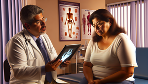 Mujer hispana de mediana edad en una clínica moderna escuchando a un médico hispano que le explica los resultados de una densitometría ósea. El médico sostiene una tableta con una imagen 3D de un esqueleto humano, destacando áreas de densidad ósea. La escena refleja un ambiente de confianza y atención médica moderna.
