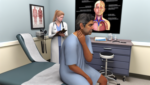 Paciente hispano de mediana edad en una sala de examen médico, tocándose el cuello con expresión calmada. En el fondo, una doctora revisa su historial médico. El entorno sugiere un diagnóstico de paperas, con énfasis en la parotiditis y la confirmación serológica.