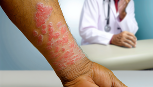 Primer plano del antebrazo de un paciente hispano de mediana edad con psoriasis, mostrando placas eritematoescamosas bien definidas y cubiertas de escamas plateadas, contrastando con la piel sana circundante. Imagen educativa para diferenciar psoriasis de otras dermatitis.