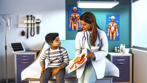 Pediatra hispana en consulta con niño, explicando el sistema urinario con un diagrama. En el fondo, un póster anatómico del sistema urinario. Ambiente educativo y calmado en una sala de examen pediátrica moderna.