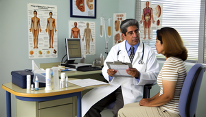 Un médico hispano en bata blanca explica los resultados de una prueba de alergias a una paciente hispana, mostrando un gráfico detallado de alérgenos y niveles de sensibilidad. En la mesa hay herramientas de prueba de alergias, como un kit de prueba de punción cutánea. Al fondo, un póster en español ilustra la anatomía de las fosas nasales y senos paranasales.