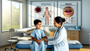 Niño hispano de 5 años con sarampión, mostrando un exantema maculopapular en la cara y brazos, sentado en una camilla de examen. Una pediatra hispana examina al niño, con un diagrama de manchas de Koplik visible en una tabla médica cercana. En el fondo, un póster ilustra el virus del sarampión.