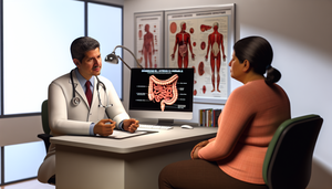 Consulta médica entre un doctor hispano de mediana edad y una paciente hispana, centrada en el diagnóstico del Síndrome del Intestino Irritable. El doctor, con bata blanca y estetoscopio, explica los criterios de Roma IV mientras la paciente sostiene un folleto sobre SII. En la pantalla de la computadora se muestra un diagrama del sistema digestivo, destacando los intestinos. El entorno es una oficina médica bien organizada, con gráficos anatómicos y libros médicos visibles.