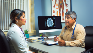 Un hombre hispano de mediana edad en una consulta médica moderna, escuchando atentamente a una doctora hispana que sostiene un portapapeles y lleva un estetoscopio. En el escritorio, una computadora muestra una imagen de escaneo cerebral, y en la pared hay un póster del sistema nervioso. La escena refleja una consulta médica profesional y calmada, enfocada en el diagnóstico temprano de Parkinson y la diferenciación del parkinsonismo.