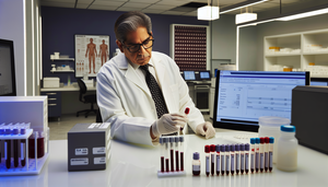 Fotografía de un laboratorio médico moderno. Un doctor hispano de unos 40 años, con bata blanca y gafas, examina un tubo de ensayo con una muestra de sangre. En la mesa hay kits de prueba etiquetados para ELISA y Western Blot, y una computadora muestra un gráfico de carga viral. Al fondo, estantes con equipo de laboratorio y un póster sobre el ciclo de vida del VIH. Ambiente profesional y enfocado en el diagnóstico preciso del VIH/SIDA.