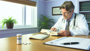 Oficina de médico bien iluminada con un enfoque en un escritorio de madera. Sobre el escritorio, un libro de texto médico abierto en una página sobre farmacología con una sección destacada sobre diazepam. Al lado, un frasco de vidrio etiquetado 