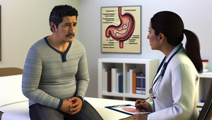 Un hombre hispano de mediana edad, con expresión pensativa y preocupada, escucha a una doctora hispana en su consultorio. La doctora le explica usando un diagrama del estómago que destaca áreas relacionadas con dispepsia funcional e infección por H. pylori. El ambiente es profesional y calmado, sugiriendo una discusión colaborativa sobre síntomas y tratamiento.