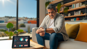 Hombre hispano de mediana edad sentado en un sofá moderno, usando un reloj inteligente que muestra datos de salud. En la mesa, una tableta presenta métricas de salud como presión arterial y niveles de glucosa, ilustrando el uso de tecnología portátil para el monitoreo remoto de enfermedades crónicas.