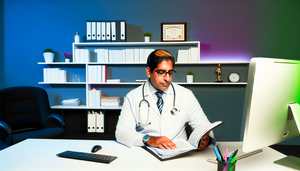 Un médico hispano de unos 40 años, con bata blanca y gafas, revisa atentamente un expediente médico en un consultorio moderno y bien iluminado. En el escritorio hay una computadora, un estetoscopio y libros médicos. Al fondo, una estantería con literatura médica y un certificado enmarcado. La imagen destaca la importancia de la documentación clínica efectiva para prevenir reclamos de mala praxis.