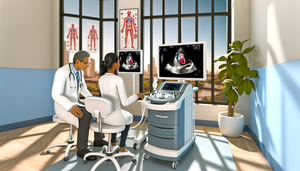 Un médico hispano de mediana edad observa atentamente una máquina de ecocardiografía de última generación que muestra una imagen 3D detallada de un corazón humano. Junto a él, una técnica hispana joven opera la máquina con expresión concentrada. La escena refleja un entorno hospitalario moderno con tecnología avanzada y colaboración médica.