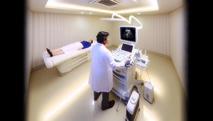 Sala de examen médico moderna con un médico hispano de unos 40 años usando un dispositivo de ultrasonido portátil en una paciente hispana de unos 30 años. En el fondo, una máquina de ecografía de alta resolución muestra una imagen detallada. El entorno refleja tecnología avanzada y diagnóstico inmediato en el punto de atención.