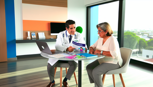 Consultorio médico moderno y luminoso con un ambiente profesional. Un médico hispano en bata blanca explica un plan de salud a una paciente hispana de mediana edad, quien sostiene un folleto titulado 