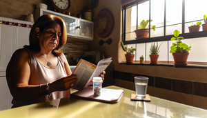 Mujer hispana de mediana edad sentada en una mesa de cocina, leyendo un folleto titulado 