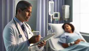 Un médico hispano de unos 40 años revisa atentamente el historial de un paciente, simbolizando la dedicación en la identificación temprana de infecciones del sistema nervioso central como encefalitis y meningitis. Al fondo, una enfermera hispana ajusta el goteo intravenoso de un niño hospitalizado, destacando el ambiente profesional y sereno del hospital.