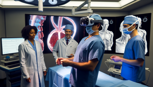 Un quirófano moderno con un cirujano hispano de unos 40 años usando un casco de realidad virtual para realizar un procedimiento quirúrgico asistido por tecnología. A su alrededor, un equipo diverso de profesionales médicos observa y asiste, mientras un monitor muestra un modelo 3D de anatomía humana, destacando la integración de la realidad virtual para reducir errores en procedimientos invasivos.