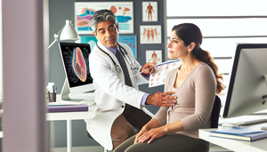 Una mujer hispana de mediana edad revisa un gráfico médico en un consultorio moderno, mientras un médico hispano le explica algo, señalando un diagrama del sistema nervioso en una pantalla. La escena refleja comunicación clara y apoyo, ideal para un blog sobre el diagnóstico de esclerosis múltiple y su diferenciación con neuromielitis óptica.