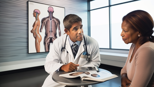 Consulta médica en un entorno profesional donde un doctor hispano de mediana edad explica a dos pacientes las diferencias entre esclerosis múltiple y ELA. En la mesa hay libros médicos abiertos y una tableta con una imagen de resonancia magnética cerebral, destacando el enfoque neurológico de la discusión. Al fondo, un póster anatómico del sistema nervioso refuerza el tema.