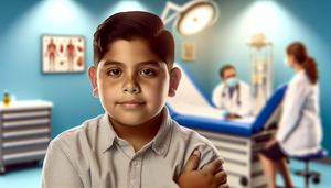 Primer plano de un niño hispano de 8 años en una sala de examen médico, mostrando signos cutáneos de esclerosis tuberosa, como máculas hipomelanóticas en brazos y rostro. La imagen es educativa y profesional, destacando características de la piel relevantes para la diferenciación de otras facomatosis.