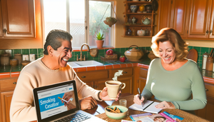 Un hombre y una mujer hispanos de mediana edad sentados en una mesa de cocina bien iluminada, sonriendo mientras miran una página web de apoyo para dejar de fumar en una computadora portátil. El hombre sostiene una taza de té de hierbas y la mujer toma notas en un bloc. En la mesa hay folletos sobre terapias de cesación tabáquica y una pequeña planta en maceta, simbolizando el crecimiento y nuevos comienzos. La atmósfera es cálida y alentadora, reflejando un enfoque positivo para dejar de fumar.