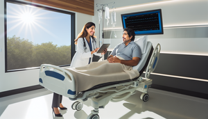Habitación de hospital moderna centrada en la tecnología y el cuidado del paciente. Un paciente hispano de unos 40 años está sentado en la cama, mirando una tableta digital. A su lado, una doctora hispana en sus 30 años, con bata blanca y estetoscopio, le explica algo en la pantalla con una sonrisa. La atmósfera es profesional y destaca la integración de la tecnología en la atención al paciente.