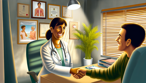 Consultorio médico acogedor en España, donde una doctora española de mediana edad, con bata blanca y estetoscopio, estrecha la mano de un paciente joven y sonriente. La escena refleja un ambiente profesional y cálido, con luz natural, plantas y certificados en la pared, destacando la confianza y la relación médico-paciente.