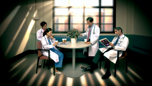 Sala de descanso hospitalaria con un grupo diverso de médicos conversando relajadamente alrededor de una mesa. Un médico sostiene una taza de café mientras otro revisa una tabla en una tablet. La atmósfera es de colaboración y apoyo, destacando la importancia de la gestión del estrés y la eficiencia en la práctica clínica.