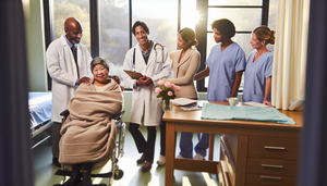 Una paciente hispana de mediana edad sonríe mientras está sentada en una silla cómoda en una habitación de hospital iluminada naturalmente. Está rodeada por un equipo diverso de profesionales de la salud, incluyendo un médico caucásico, una enfermera afroamericana y un fisioterapeuta asiático, todos colaborando en una discusión cálida. La escena resalta la importancia del cuidado multidisciplinario en la atención oncológica y paliativa.
