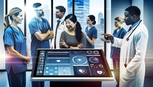 Un grupo diverso de médicos y profesionales de la salud colaboran en un entorno hospitalario moderno, centrados en una pantalla táctil interactiva que muestra una base de datos médica compleja. Una doctora hispana lidera la discusión sobre gráficos y datos de pacientes, mientras sus colegas de diferentes etnias la escuchan atentamente. Un enfermero accede a información en una tableta, destacando la integración de la IA en la gestión del conocimiento médico.