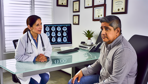Un paciente hispano de mediana edad, con expresión preocupada, escucha atentamente a una doctora hispana que le explica los resultados de una resonancia magnética cerebral. La imagen en la pantalla muestra áreas destacadas, sugiriendo un posible diagnóstico de glioblastoma. La interacción refleja la importancia de la comunicación en el diagnóstico temprano de síntomas neurológicos como cefalea persistente y crisis epilépticas.