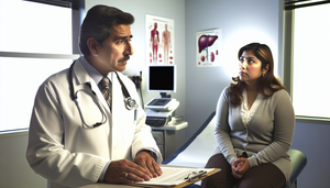 Consulta médica en una sala bien iluminada, donde un médico hispano de mediana edad revisa atentamente el historial médico de una paciente hispana de unos 30 años, sentada en la camilla. La interacción destaca la importancia del diagnóstico diferencial en la inflamación hepática, con un enfoque en hepatitis aguda y autoinmune.
