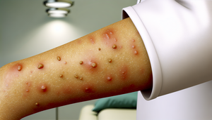 Primer plano de un antebrazo con piel marrón clara mostrando lesiones vesiculares. A la izquierda, vesículas agrupadas y enrojecidas típicas de Herpes Zóster. A la derecha, parches rojos con vesículas dispersas, característicos de Dermatitis de Contacto. Fondo de oficina médica, sugiriendo un examen clínico.
