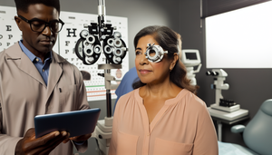 Mujer hispana de mediana edad en consulta oftalmológica, observando un cartel de visión. El oftalmólogo, también hispano, le muestra un diagrama del ojo en una tablet. Ambiente profesional que resalta la importancia del control ocular en pacientes con hidroxicloroquina.