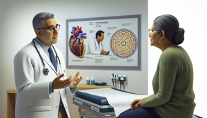 Consulta médica en la que un doctor hispano de mediana edad, con bata blanca y estetoscopio, explica un diagnóstico a una paciente hispana de mediana edad. En la pared, un diagrama compara hipertensión pulmonar e insuficiencia cardíaca, destacando diferencias en el corazón y los pulmones. El ambiente es profesional y calmado, con equipo médico organizado.
