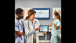 Un grupo diverso de profesionales de la salud en una clínica moderna. En primer plano, una doctora hispana de unos 40 años sostiene una tableta digital con un calendario de vacunación, mientras un enfermero de ascendencia africana señala la pantalla. Al fondo, una doctora caucásica y un doctor asiático observan gráficos epidemiológicos en una pantalla grande. El entorno es profesional y colaborativo, destacando la importancia del historial de vacunación y el control epidemiológico en la prevención de enfermedades.
