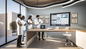 Oficina moderna de un médico con un grupo diverso de profesionales de la salud reunidos alrededor de una pantalla digital que muestra una interfaz dinámica con guías médicas y datos, simbolizando la inteligencia artificial en acción. Los profesionales, incluyendo un médico hispano, una doctora asiática y una enfermera negra, discuten y señalan la pantalla. En un escritorio cercano, hay libros médicos abiertos y una laptop con un gráfico, representando la integración de recursos tradicionales y digitales. El ambiente es colaborativo e innovador, con certificados médicos en la pared y una planta en la esquina.